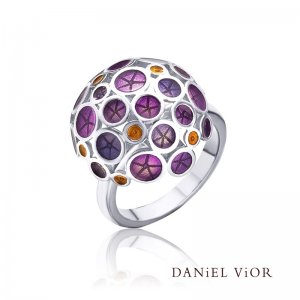 Daniel Vior, Silver Oantos Ring, Violet Enamel With Orange Detail