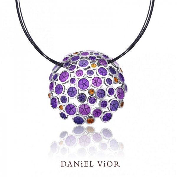 Daniel Vior, Silver Oantos Pendant, Violet Enamel With Orange Detail